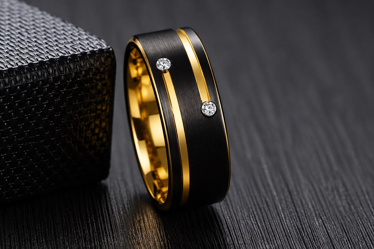Anillo Black Gold Diamond negro cepillado con líneas doradas y piedras brillantes