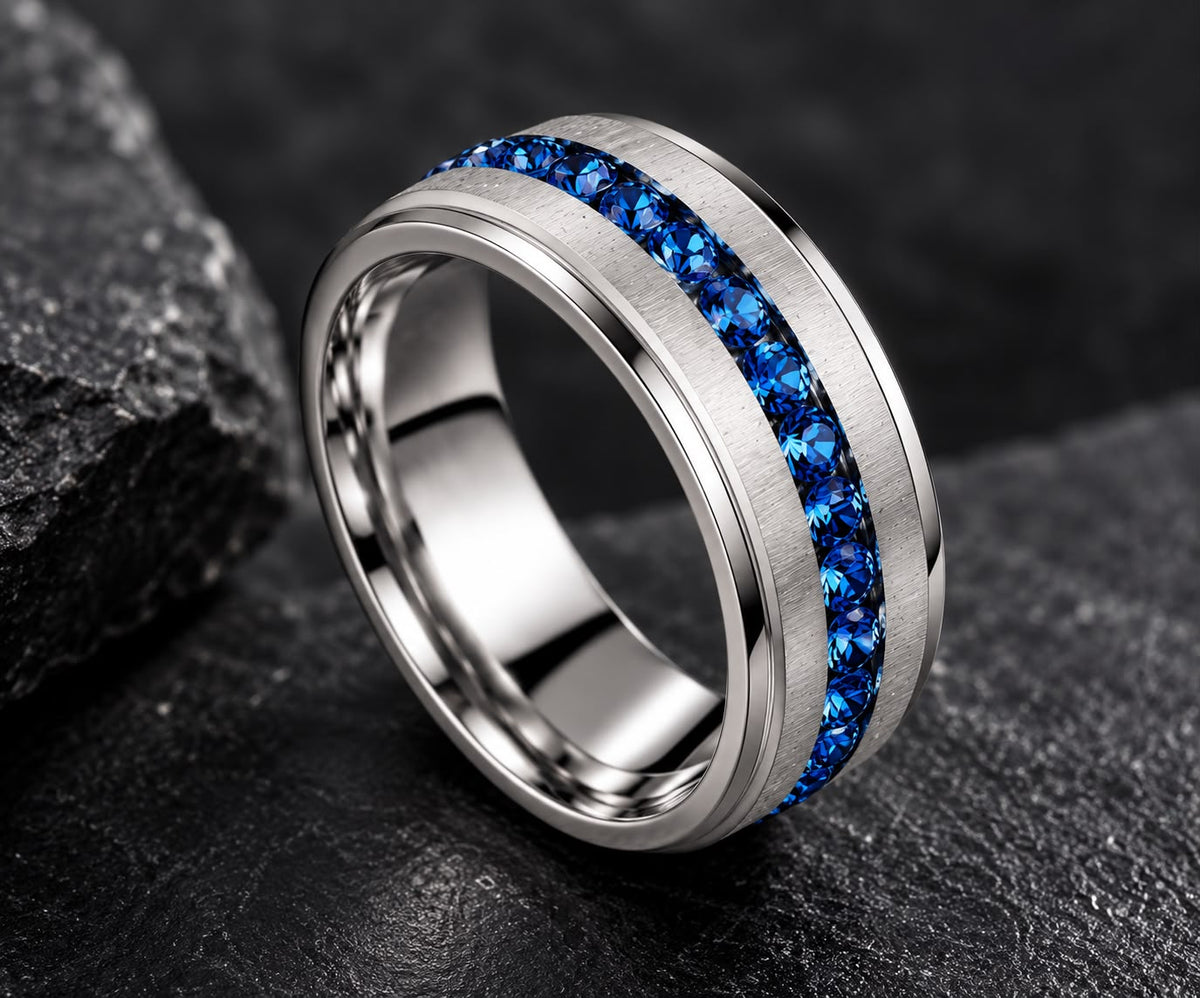 Anillo Blue Line plateado con línea de piedras azules