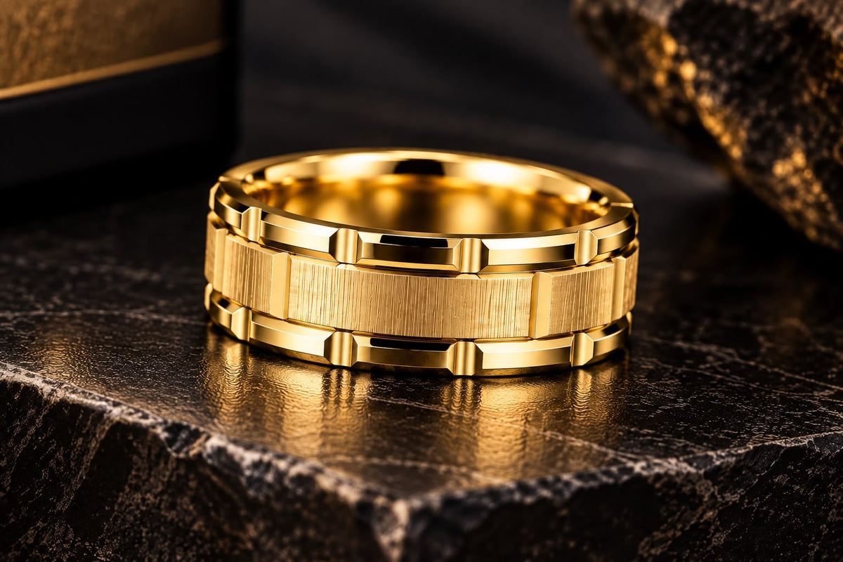 Detalle de la doble textura del anillo Gold Architect